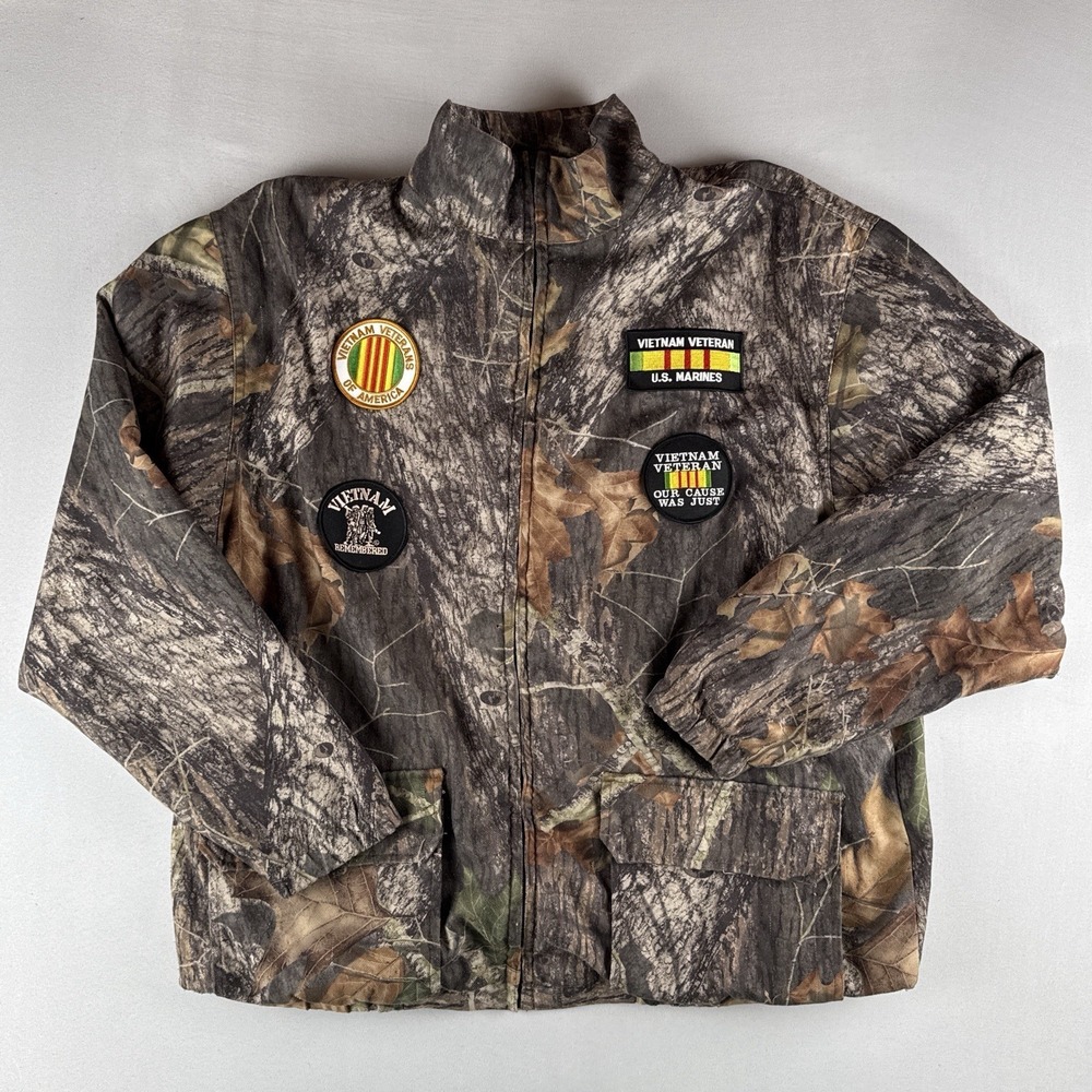 Camo Hunting Jacket Fleece Lined Military Vietnam Veteran Patches USA